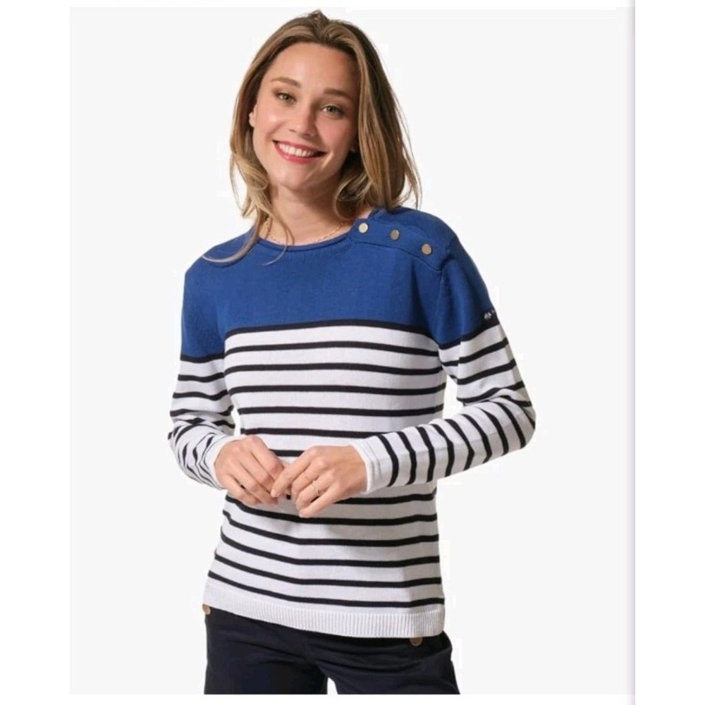 Rafaella Women's XL Pullover Blue Striped Sweater 3/4 Sleeve Shirt Buttons